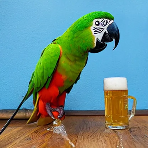 Image similar to a parrot drinking a beer from a garden hose,