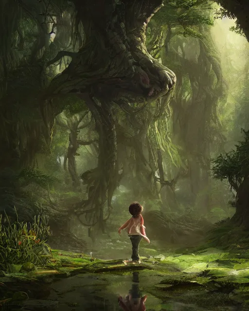 Image similar to a kid looking into a mirror in the hidden garden, green forest, environment art, fantasy art, landscape art, in the style of greg rutkowski, illustration, epic, fantasy, intricate, hyper detailed, artstation, concept art, smooth, sharp focus, ray tracing