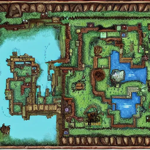 Image similar to dungeon map concept d & d forest, lake, village and build. hyper detailed