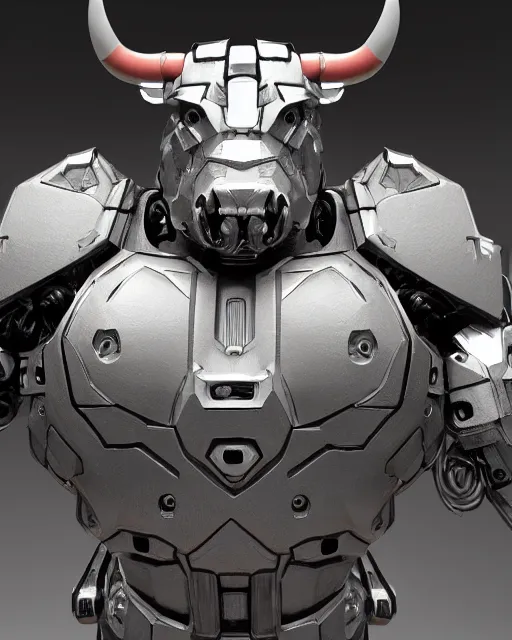 Prompt: a full body shot of an imposing cyborg ( bull ) modeled after a bull with glowing eyes looking into the camera, android, cyborg, glowing eyes, full body shot, intricate, 3 d, hyper realism, symmetrical, octane render, strong bokeh, fantasy, highly detailed, depth of field, digital art, artstation, concept art, cinematic lighting, trending