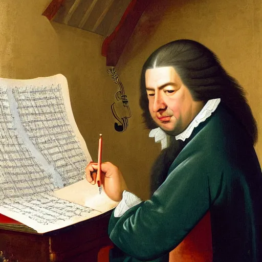 Image similar to highly detailed painting of bach writing a piece of music on a sheet of paper, he is inside of a wooden shack, 4 k resolution, by jaquis luis david, visible paint layers, renaissance.