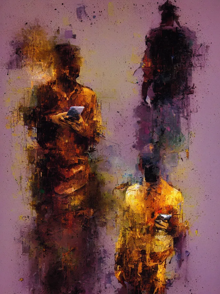 Image similar to a beautiful glitched oil painting by robert proch of a man standing with his phone in front of a bathroom mirror, anatomy study of the human nervous system, color bleeding, pixel sorting, copper oxide and rust materials, brushstrokes by jeremy mann, cold top lighting, pastel purple background