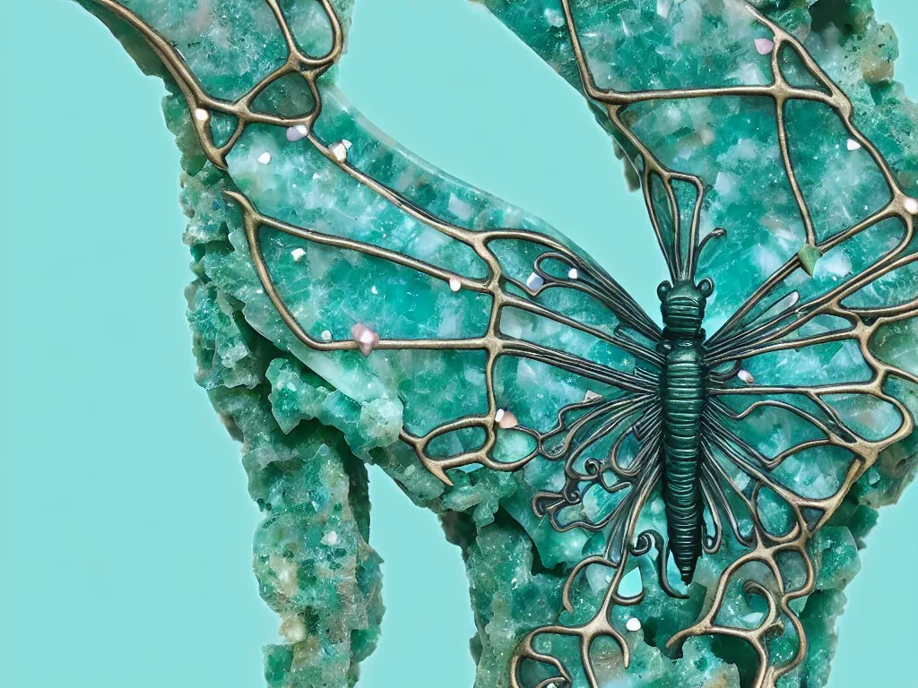 Prompt: a beautifully sculpted human ribcage made of amazonite, galaxy inside of the ribcage, butterfly flying around the ribcage, accurate, intricate, moody, dramatic,