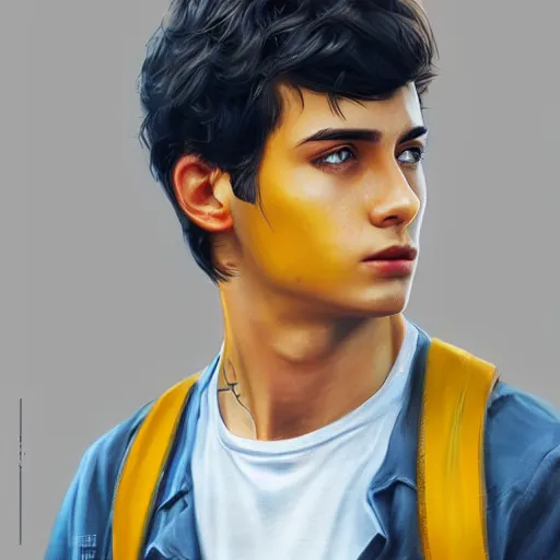 Image similar to ultra realistic illustration, a young man with black hair, in a yellow t - shirt, with blue eyes, highly detailed, digital painting, artstation, concept art, smooth, sharp focus, illustration