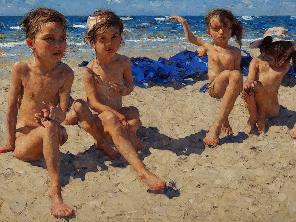 Image similar to on the beach, close up, heatwave, denis sarazhin, oil on canvas