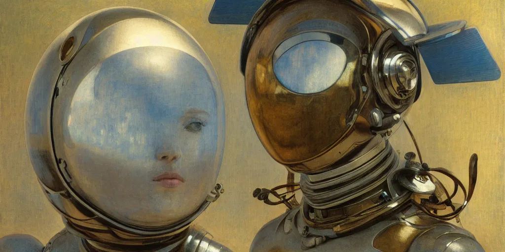 Image similar to portrait of a beautiful chrome female robot wearing a space helmet, reflections, mirroring, warm azure tones, heavy lensflare, color bleed, film grain, depth of field, jules bastien - lepage, rudolph belarski, johfra bosschart, alexandre cabanel