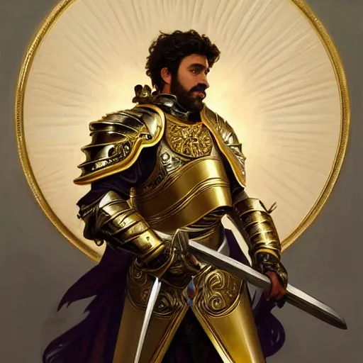 Image similar to Portrait of Pedro Perestrello as a paladin wearing gold full plate armor and wielding a shield, fantasy, intricate, elegant, highly detailed, digital painting, artstation, concept art, matte, sharp focus, illustration, art by Roberto Ferri and Greg Rutkowski and Alphonse Mucha