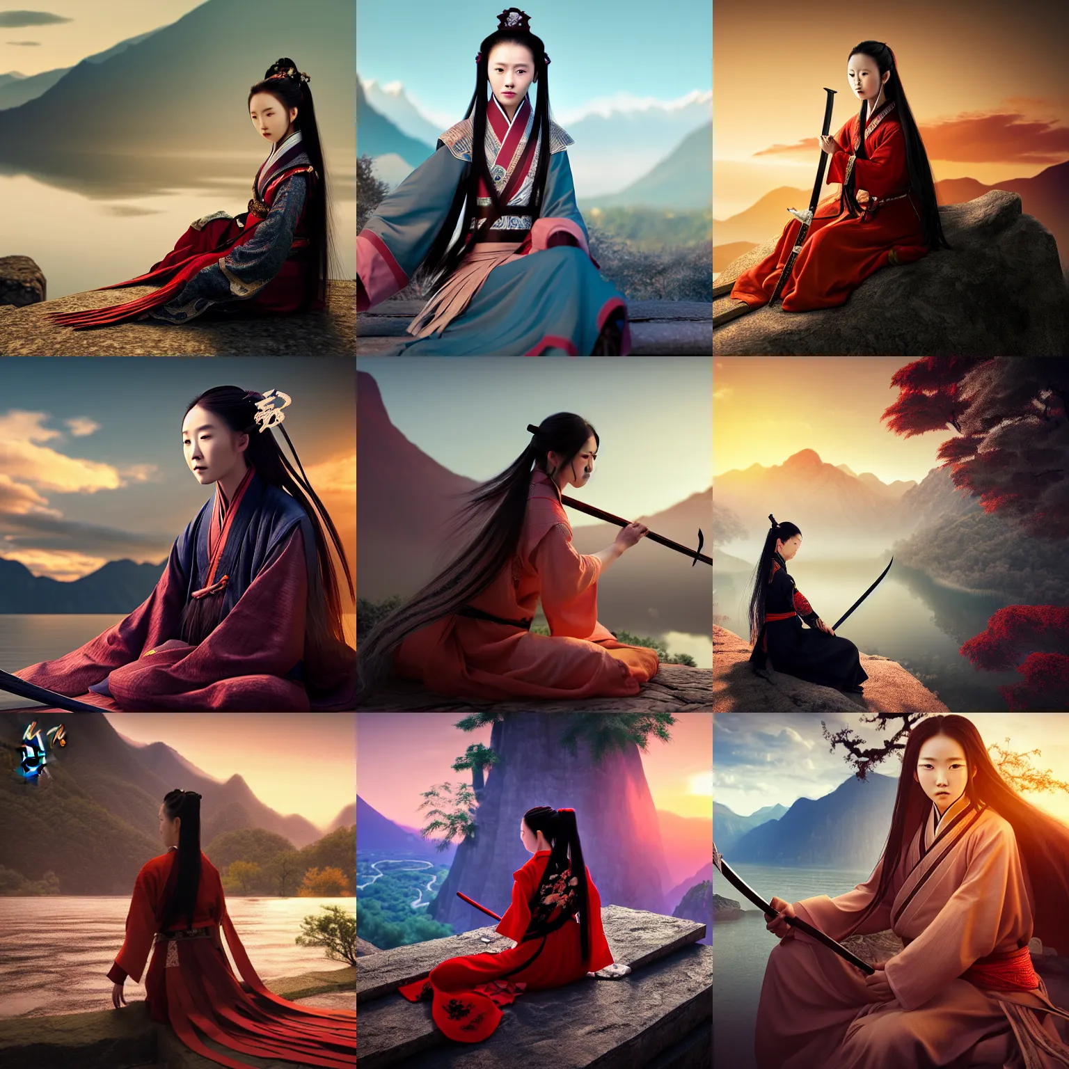 Prompt: beautiful long hair wuxia lady sitting with back to photo with her sword next to her, seeing the mountain and river, sunset, wuxia by Chen Uen, Chinese Brush Painting style, ultra realistic, cinematic shot, 8k, Frostbite 3 Engine, octane render