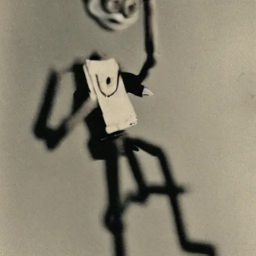 Prompt: 1 9 5 0 s, creepy marionette puppet jumping towards viewer, horror, lost photograph, forgotten, polaroid,