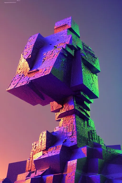 Image similar to concept art of totally fractal bismuth mineral giant golem : : shiny rainbow bismuth fractalization patterns : : extremely high details, masterpiece, photorealistic, hyperrealism, vray, octane render, volumetric lighting, depth of field, bokeh, artstation, cgsociety by elyse graham, johannen voss, greg broadmore