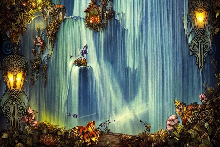 Prompt: gothic waterfall favela honeybee hive, art nouveau environment, godbeams, industrial factory, award winning art, epic dreamlike fantasy landscape, ultra realistic,