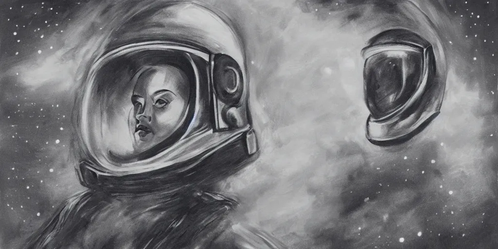 Image similar to charcoal portrait of a woman wearing a space helmet, scifi, big clouds visible in the background, stars in the sky, high contrast, deep black tones, charcoal smears