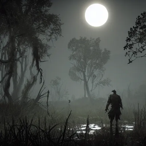 Prompt: hunters from hunt showdown walking through a swamp at night, full moon, vegetation, horror, back lighting, realistic details