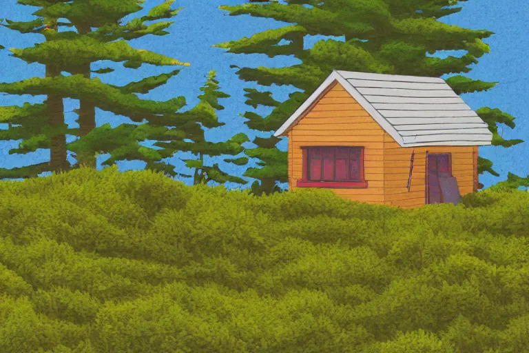 Image similar to animation background of a seaside cottage in Oregon, moss and pines, exaggerated perspective