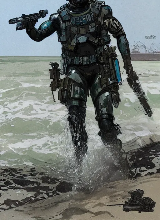 Image similar to Hector. USN blackops operator emerging from water at the shoreline. Operator wearing Futuristic cyberpunk tactical wetsuit and looking at an abandoned shipyard. Frogtrooper. rb6s, MGS, and splinter cell Concept art by James Gurney, Alphonso Mucha. Vivid color scheme.