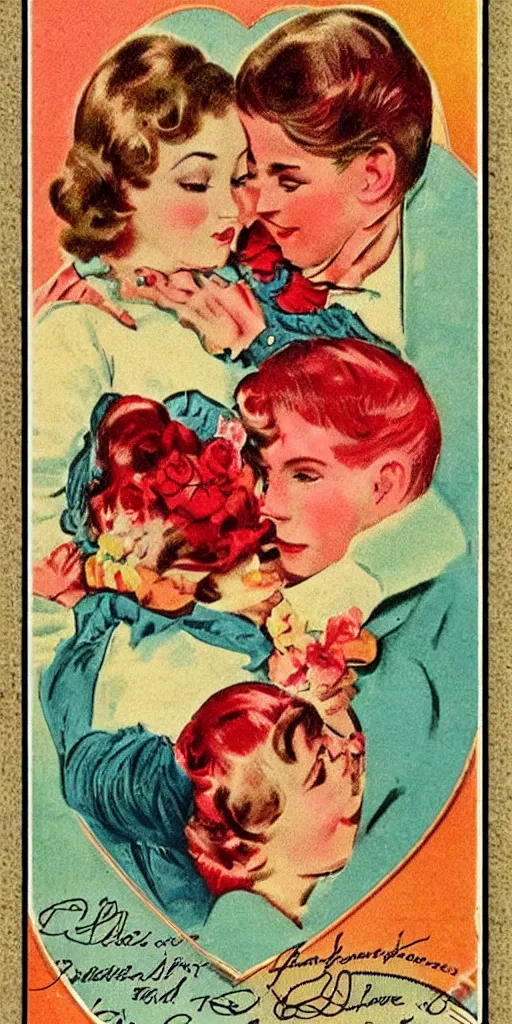 Prompt: vintage colors, love, warmth, happiness, couple, hallmark style, card