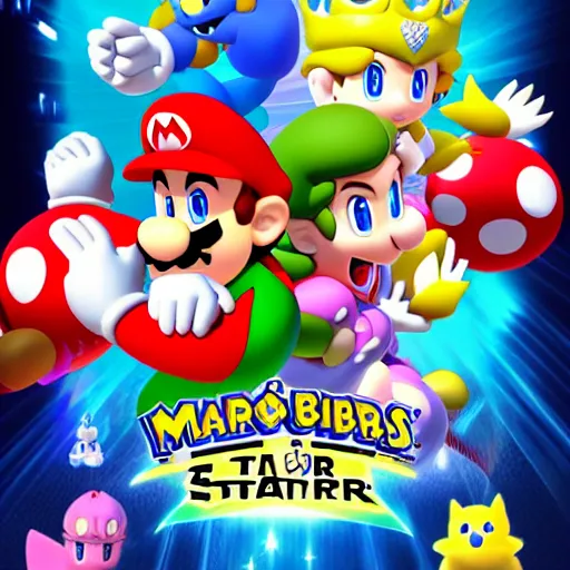 Image similar to super mario brothers and kirby super star ultra movie poster with pokemon super smash bros and princess peach star wars theme pokemon style detailed and accurate eyes