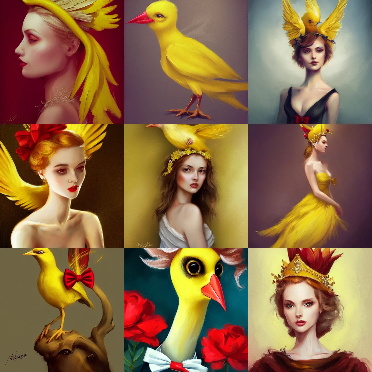 Prompt: an elegant yellow bird!!! wearing a crown and a red bow tie, painting in the style of Charlie Bowater, very very beautiful, high quality, detailed, 4k, smooth