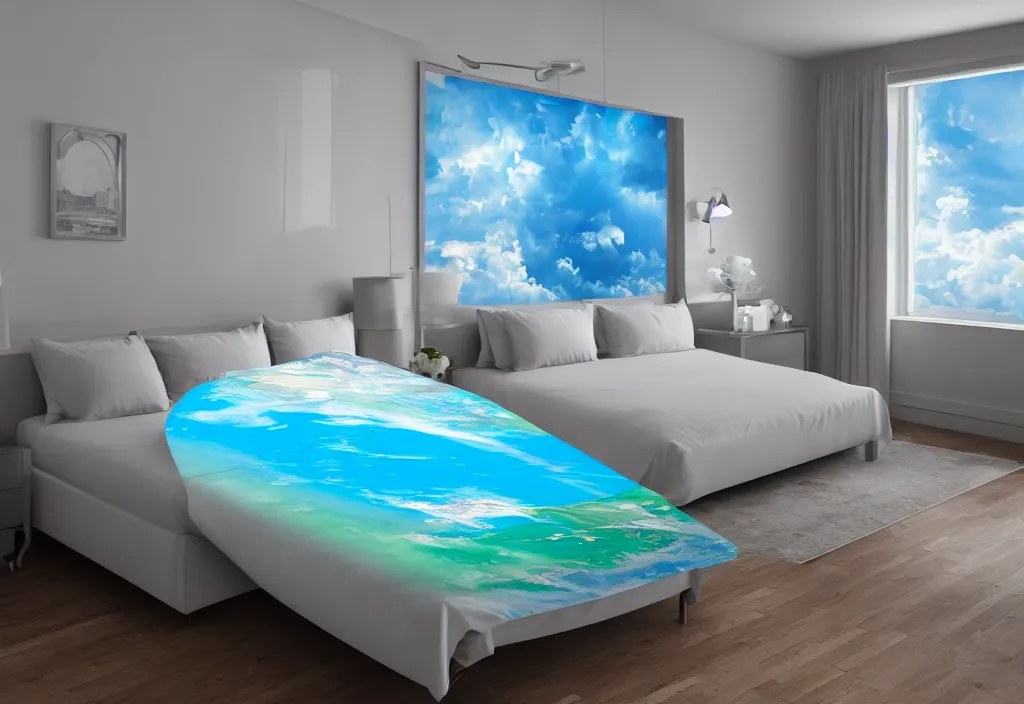Image similar to curved translucent bedsheets projecting 3 d detailed florida storm holographic volumetric weathermap, pixel perfect photograph, high contrast, volumetric lighting, thin glowing lights, bedroom, visor, users, pair of keycards on table