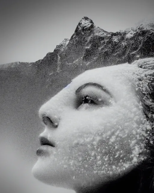 Prompt: a woman's face in profile, made of a snow capped Swiss mountain, in the style of the Dutch masters and Gregory Crewdson, dark and moody