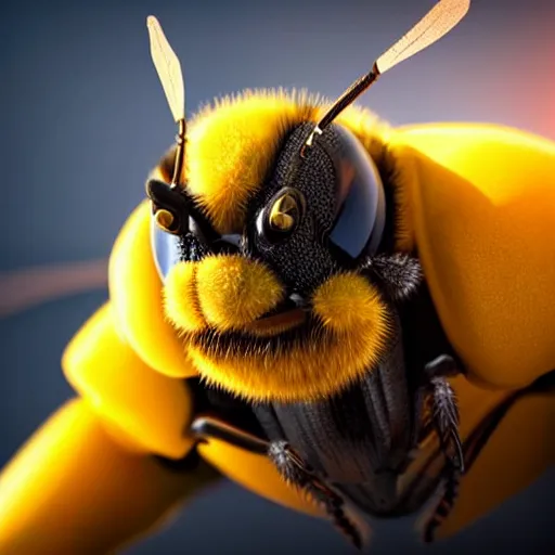 Image similar to still photo of bumblebee with fire in its eyes, insect photography, highly detailed, photorealistic portrait, bright studio setting, studio lighting, crisp quality and light reflections, unreal engine 5 quality render