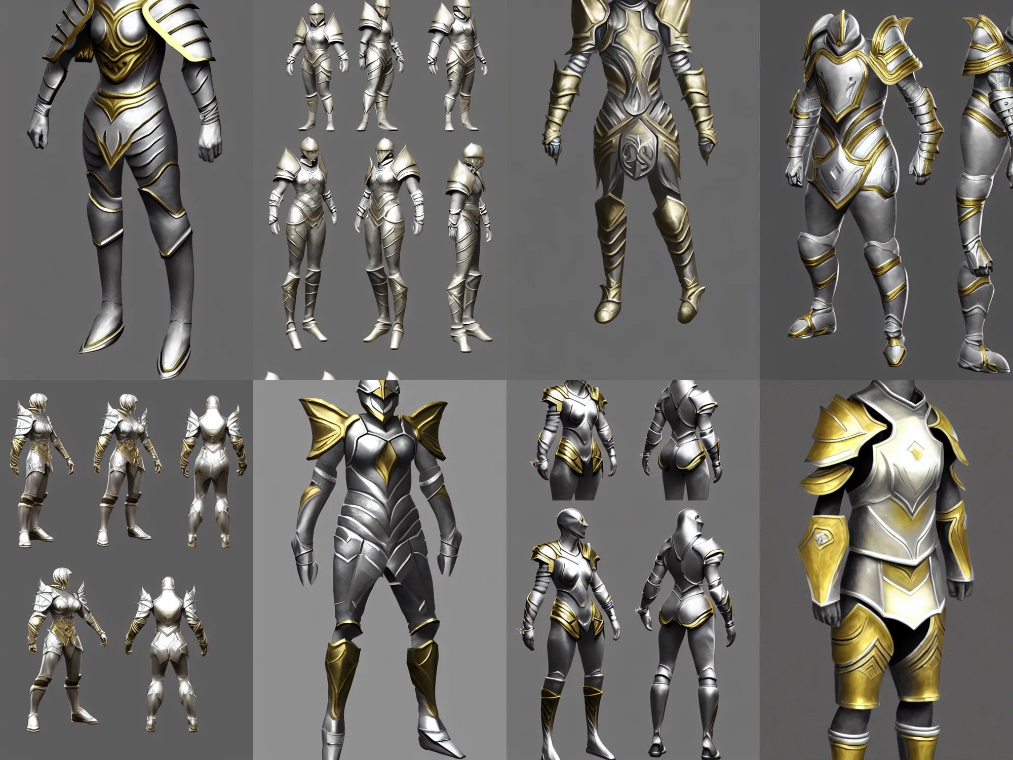 Prompt: concept art of athletic agile fantasy armor, silver with gold trim, extremely clean, exaggerated proportions, trending on polycount, fantasy game art