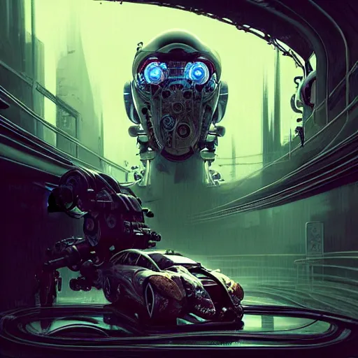 Prompt: shiny cyberpunk vehicle reminiscent of fast car with robotic enhancements parked in ancient mystic woods, gothic and baroque, brutalist architecture, ultradetailed, creepy ambiance, fog, artgerm, giger, Intricate by Ellen Jewett and Josan Gonzalez and Giuseppe Arcimboldo