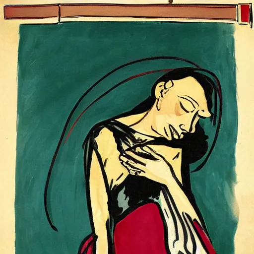 Image similar to This illustration was painted in 1937 during the Guerra Civil Española. The woman in the illustration is weeping for her dead husband. She is wearing a black dress and a black veil. Her face is distorted by grief. The illustration is dark and somber. Navajo green, illuminated codex gilded by Ossip Zadkine dismal