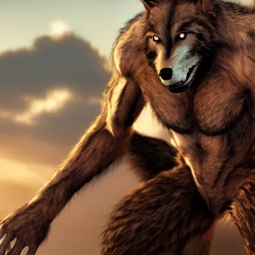 Prompt: man transforming into a werewolf, full body, hyper realistic, 8 k, unreal engine, realistic brown fur