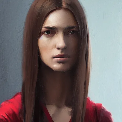 Image similar to Portrait of a woman by Greg Rutkowski, she is about 20 years old, brown long and straight hair, pretty oval face, attractive, her features are a mix between german and turkish, tall and slim, smart looking, she is wearing utilitarian red and black jumpsuit, highly detailed portrait, digital painting, artstation, concept art, smooth, sharp foccus ilustration, Artstation HQ.