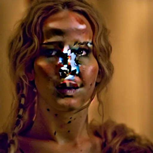 Image similar to cinematic jennifer lawrence as frankensteins monster, color photography, sharp detail, she is amused, still from the movie mary shelly's frankestein