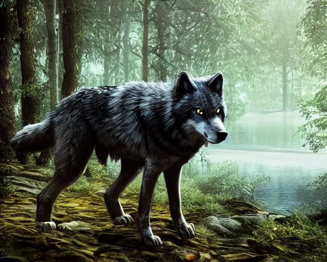 Prompt: a wolf standing on a riverbank in a forest, natural lighting, very coherent, ultra realistic, concept art, intricate details, highly detailed, photorealistic, octane render, 8 k, unreal engine