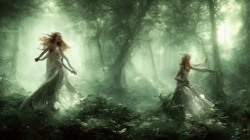Prompt: elven princess dancing in the dark forest. andreas achenbach, artgerm, mikko lagerstedt, zack snyder, tokujin yoshioka