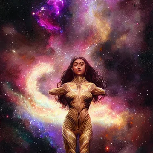 Prompt: Portrait of a cosmic goddess, suit made of stars, galaxy and nebulas, intricate, cinematic lighting, highly detailed, digital painting, artstation, concept art, smooth, sharp focus, illustration, art by Artgerm and Greg Rutkowski, Cgsociety