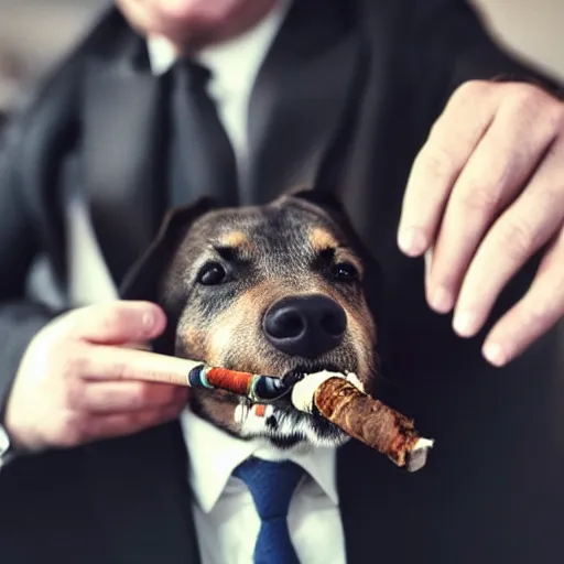 Image similar to a high detail closeup photograph of a dog wearing a suit 👔,and smoking a cigarrette🚬, award wining photograph