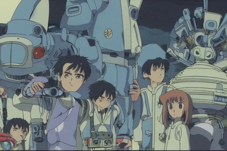 Image similar to still from anime sci-fi movie by Studio Ghibli, illustrations by Hayao Miyazaki, by Masamune Shirow