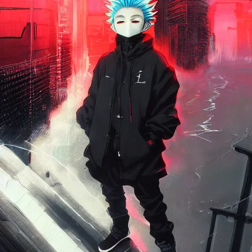 Prompt: very cool killua zoldyck with mask, streetwear, techwear, cyberpunk style outfit, full body, nose piercing, detailed portrait, intricate complexity, by greg rutkowski, artgerm, ross tran, conrad roset, takato yomamoto, ilya kuvshinov. 4 k, beautiful, cinematic dramatic atmosphere