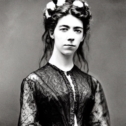 Image similar to victorian photograph of vanessa kirby, 1 8 9 0 s photography, 1 9 0 0, realistic face, symmetrical face, studio photograph, grainy, edwardian, old photo