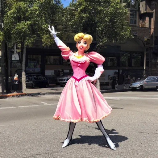 Prompt: photo of princess peach posing in the street