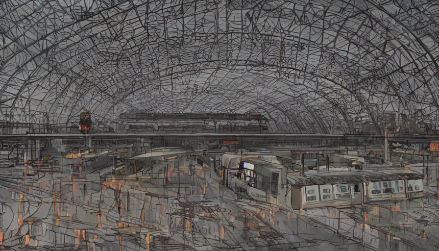 Image similar to soviet train station, anime professional with intricate details digital art made by mina petrovic, laica chrose, jessica prando, tsutomu nihei, studio ghibli, arcane, katsuhiro otomo, hayao miyazaki, akira toriyama, satoshi kon, unreal engine ultra hd 8 k 3 d