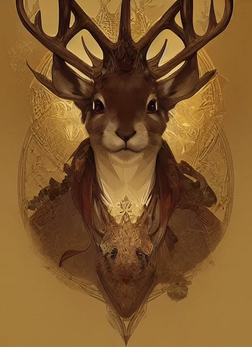 Image similar to Geometric Rabbit with antlers, intricate, elegant, highly detailed, digital painting, artstation, concept art, smooth, sharp focus, illustration, art by artgerm and greg rutkowski and alphonse mucha