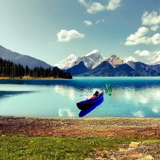 Image similar to a beautiful image of a breathtaking lake with amazing mountains in the background, there is a kayak in the foreground on the beach. landscape image