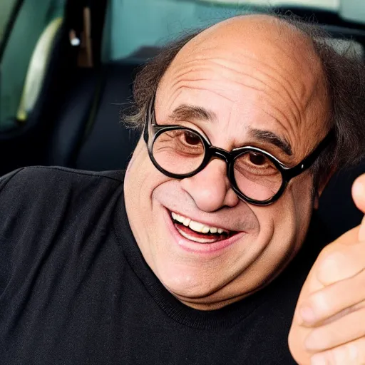 Image similar to danny devito offering you an egg in the backseat of a limo, high quality, high resolution