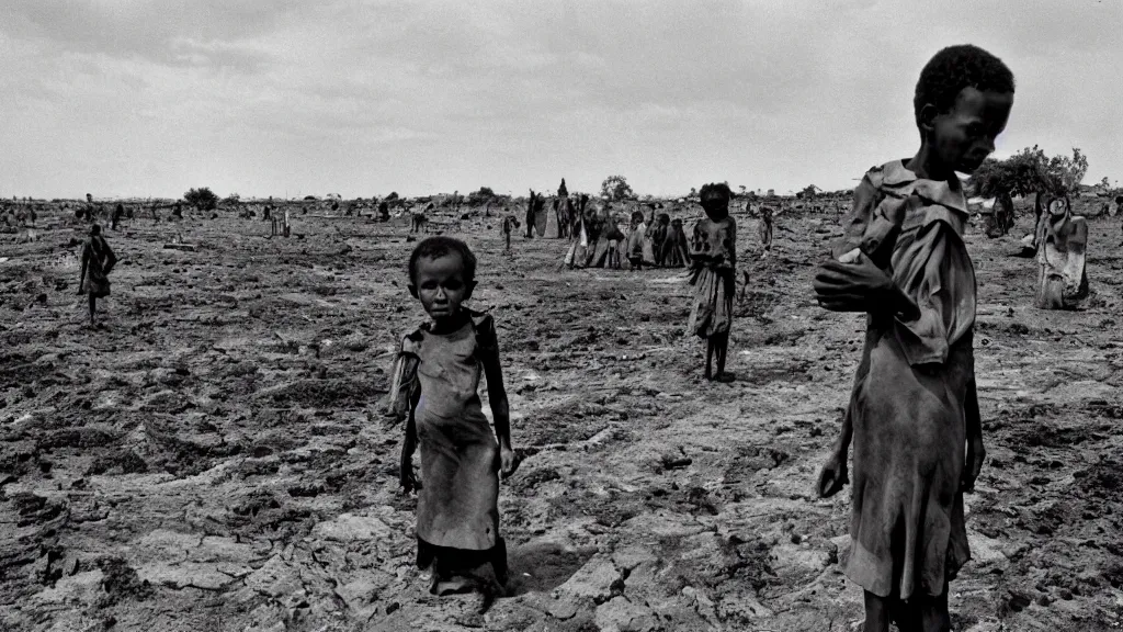 Prompt: 1 9 8 4 famine and drought in ethiopia, new york times, wide - angle, dark, moody, 8 k