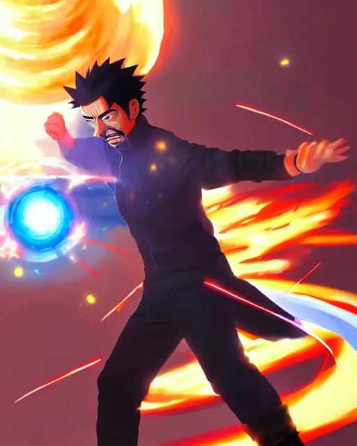 Image similar to tony stark in naruto fighting naruto, medium shot close up, details, sharp focus, illustration, by jordan grimmer and greg rutkowski, trending artstation, pixiv, digital art