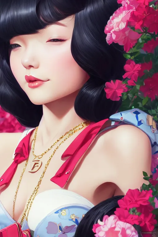 Image similar to a pin up and beautiful fashion dreamlke japan girl with lv jewelry, character art, art by artgerm and wlop and and ilya kuvshinov, hyperdetailed, 8 k realistic, symmetrical, frostbite 3 engine, cryengine, dof, trending on artstation, digital art, chanel, dior, fantasy background