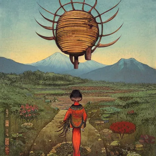 Image similar to organic shin - hanga by esao andrews. the kinetic sculpture is of a small village with a river running through it. in the distance, there are mountains. the sky is clear & the sun is shining.