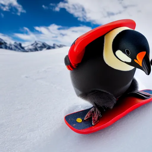 Image similar to ultrawide angle photograph of a snowboarding penguin, extremely detailed. the snowboard he is riding is red and has a tribal print, 8 k