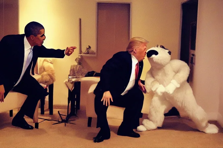 Prompt: “Barack Obama and Donald Trump fighting in fur suits at a furry convention, ultra realistic, highly detailed, award winning photo, ambient lighting”