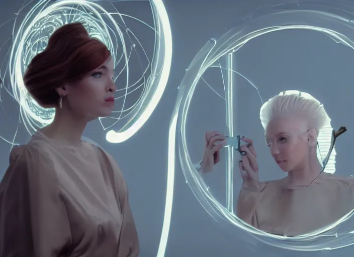 Image similar to une femme à la coiffure tourbillonnante, retrofuturism, reimagined by industrial light and magic